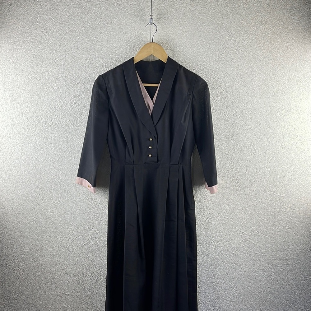 Vintage l 50s S Classic Career Rhinestone Buttons 3/4 Sleeve Little Black Dress